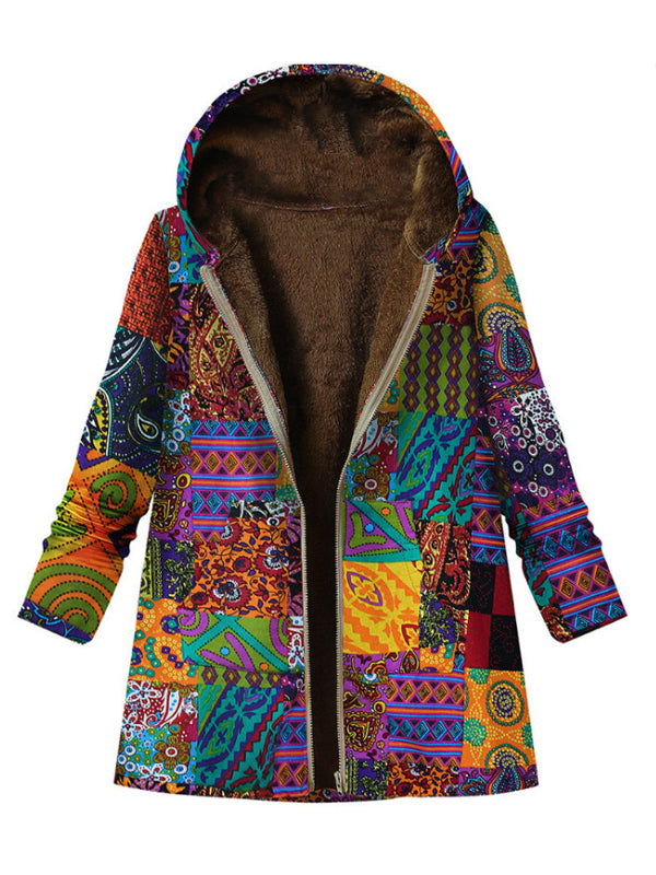 Retro Thicken Ethnic Printed Zipper Outwear