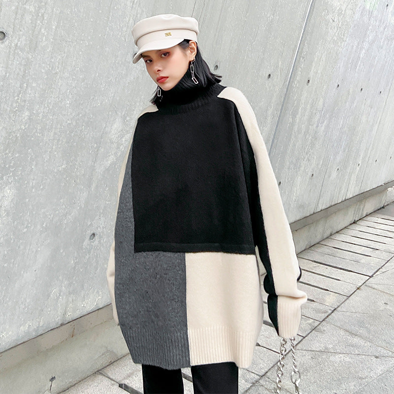 Urban Color-Block Splicing Knitted High-Neck Sweater