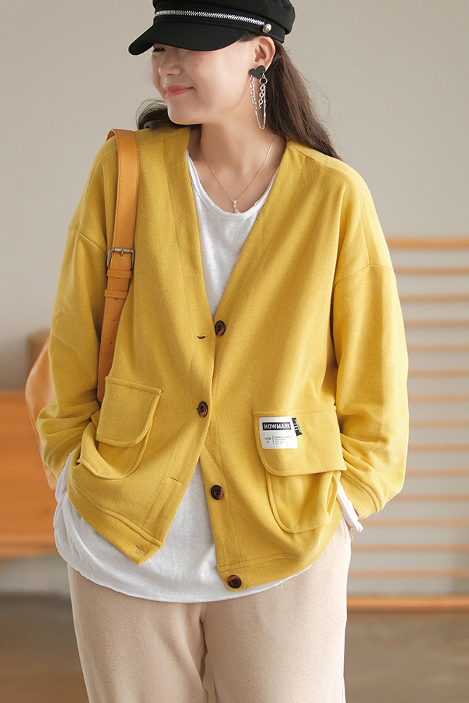 Soft And Comfortable Patch Loose V-Neck Solid Color Outwear