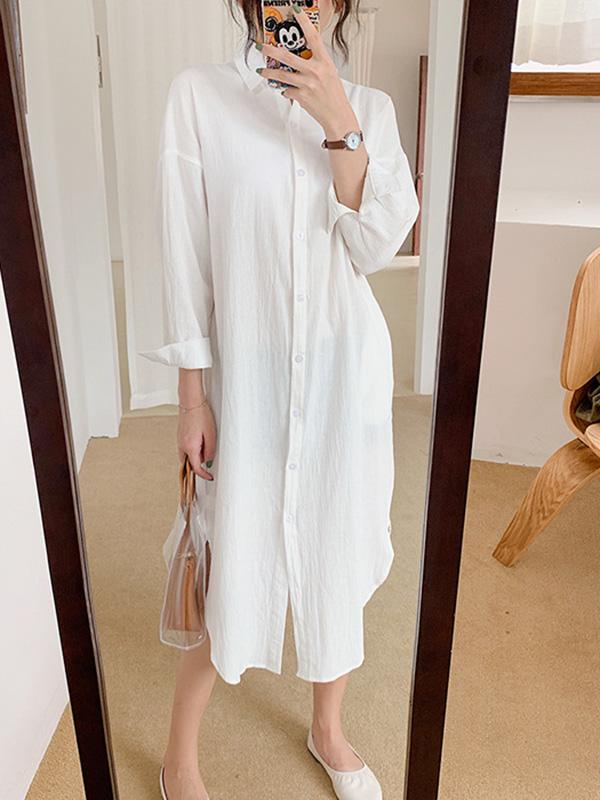 Loose Solid Ramie Cotton Shirt Dress