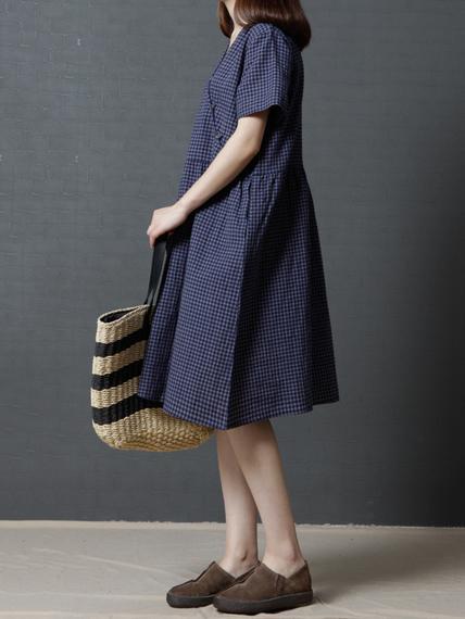 Plaid Loose Ramie Cotton Linen Long Dress