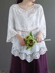 Round Neck Embroidered Hollow Half Sleeves Blouse