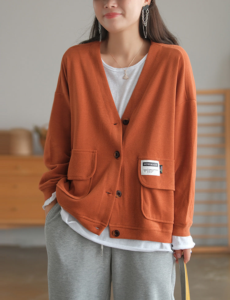 Soft And Comfortable Patch Loose V-Neck Solid Color Outwear