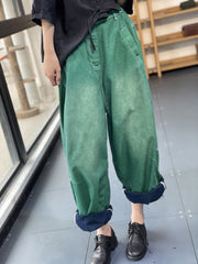 Retro Loose Denim Contrast Color Pant With Pockets