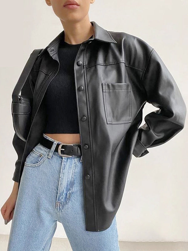 Simple Single-Breasted Leather Coat