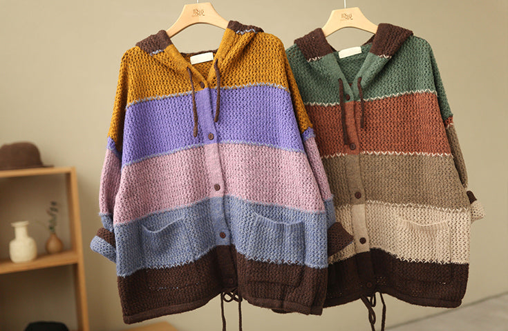 Retro Color Striped Hooded Sweater