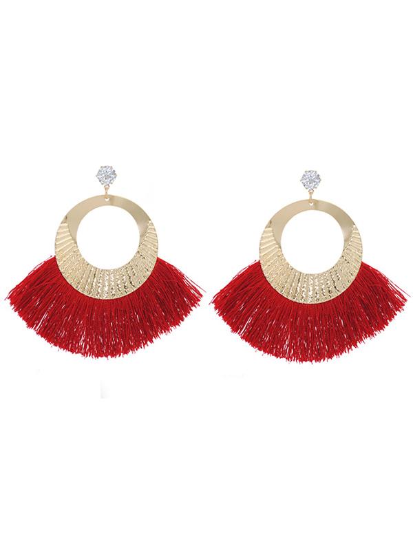 Rhinestone Tasseled Metal-ring Big Earrings