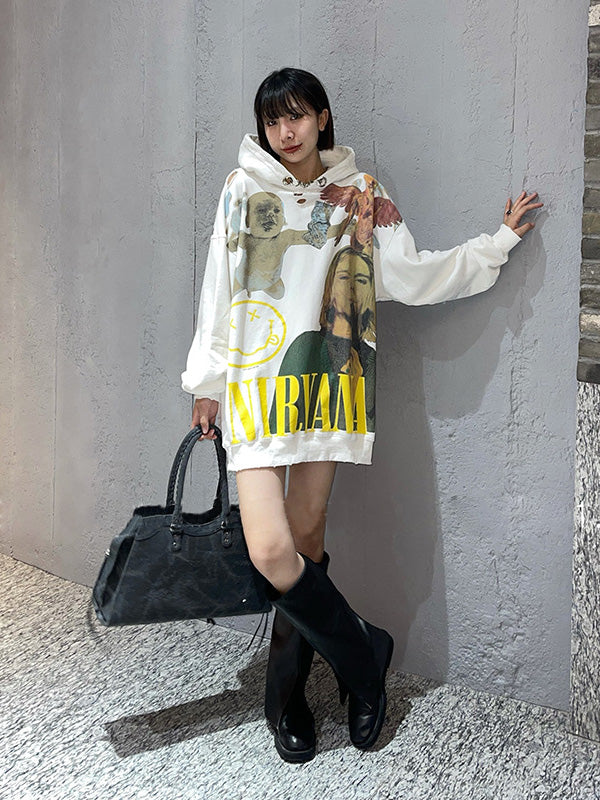 Loose Printed Hooded Long Sleeve Top