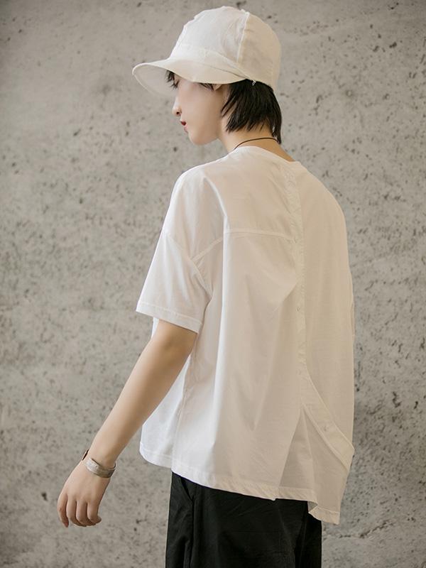 Simple Loose Solid Pocket Back-Button T-Shirt