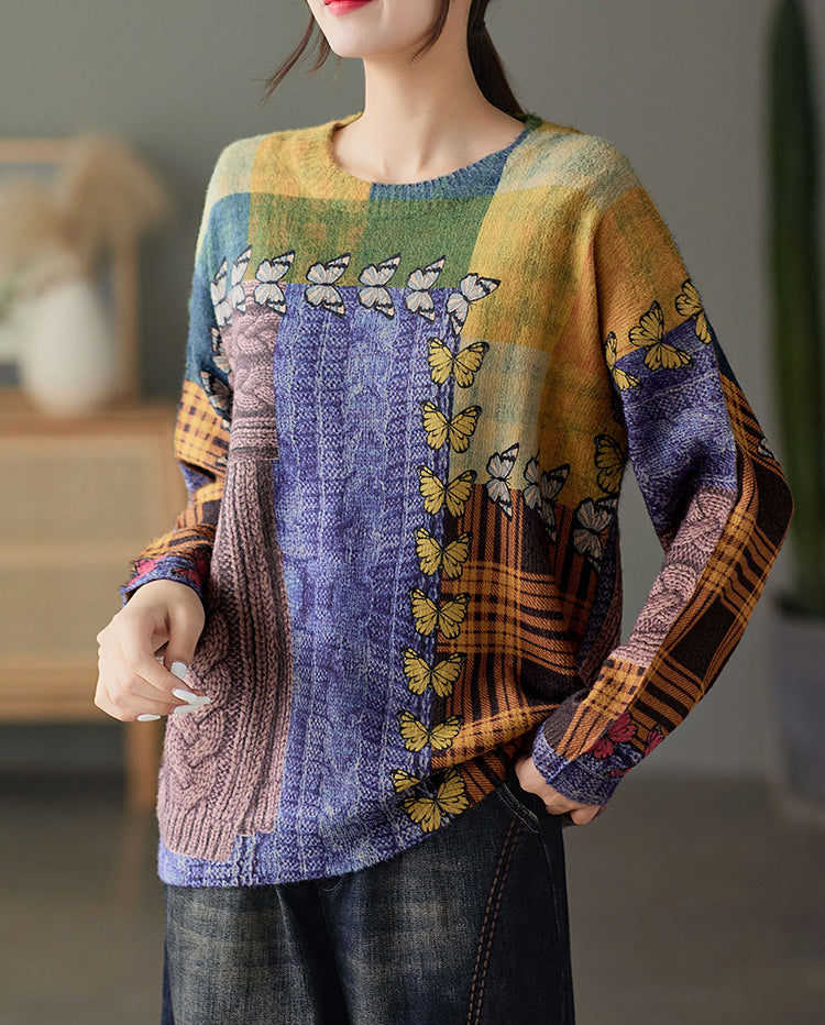 Retro Contrast Color Print Knit Round Neck Sweater