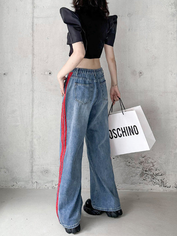 High Waisted Wide Leg Contrast Color Striped Jean Pants Bottoms