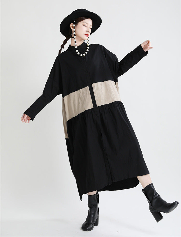 Stitching Contrast Color Loose Big Swing Long Sleeve Dress