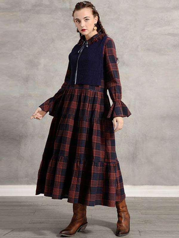 Vintage Pleated Bow Plaid Doll-Neck Midi Dress