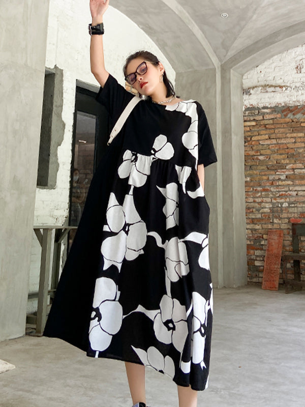 Women Round Neck Contrast Printing Retro Casual Dress