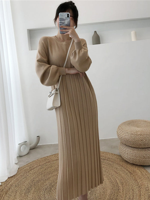 Casual Solid Color Round-Neck Knitted Midi Dress