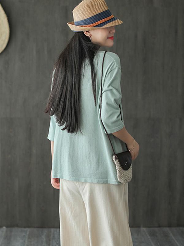 Solid Color Loose Round Neck Cropped T-Shirt