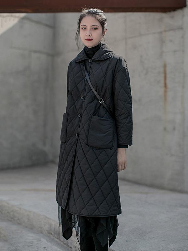 Solid Color Rhombic Long Cotton Coat