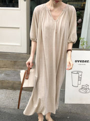 V-neck Half Sleeves Loose Casual Maxi Dress