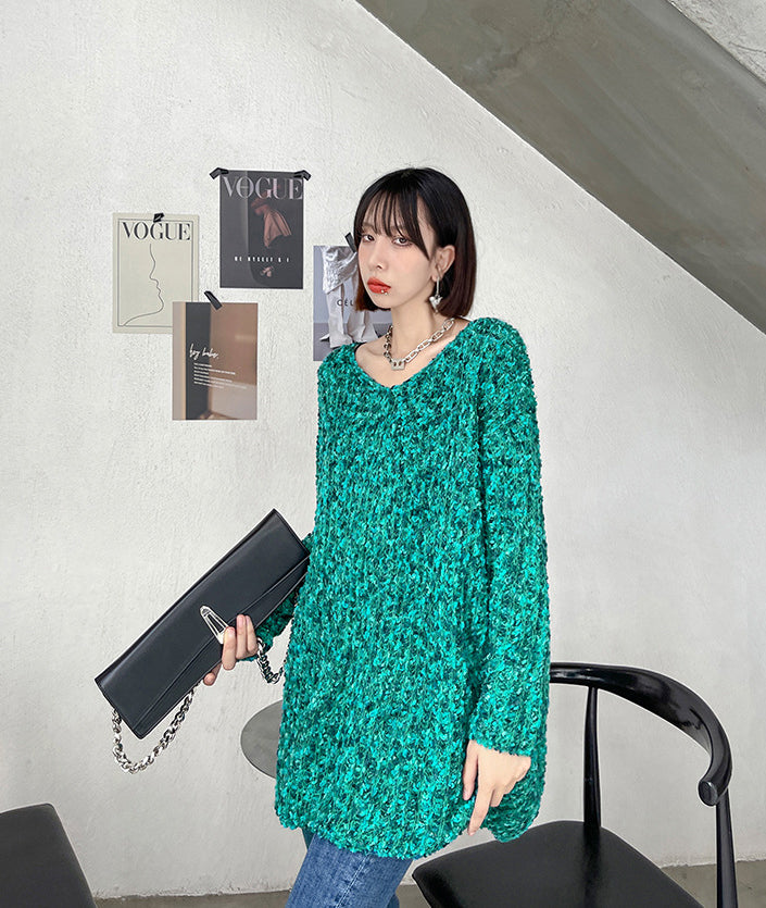 Loose V-Neck Long Sleeve Solid Color Knitted Sweater