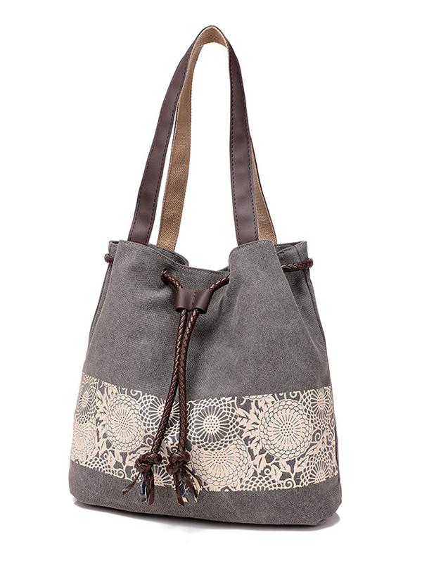 Ethnic Style Printed Canvas Drawstring Bucket Bag