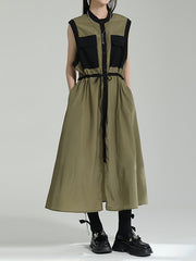 Roomy Sleeveless Contrast Color Drawstring Split-Joint Tied Waist Round-Neck Midi Dresses