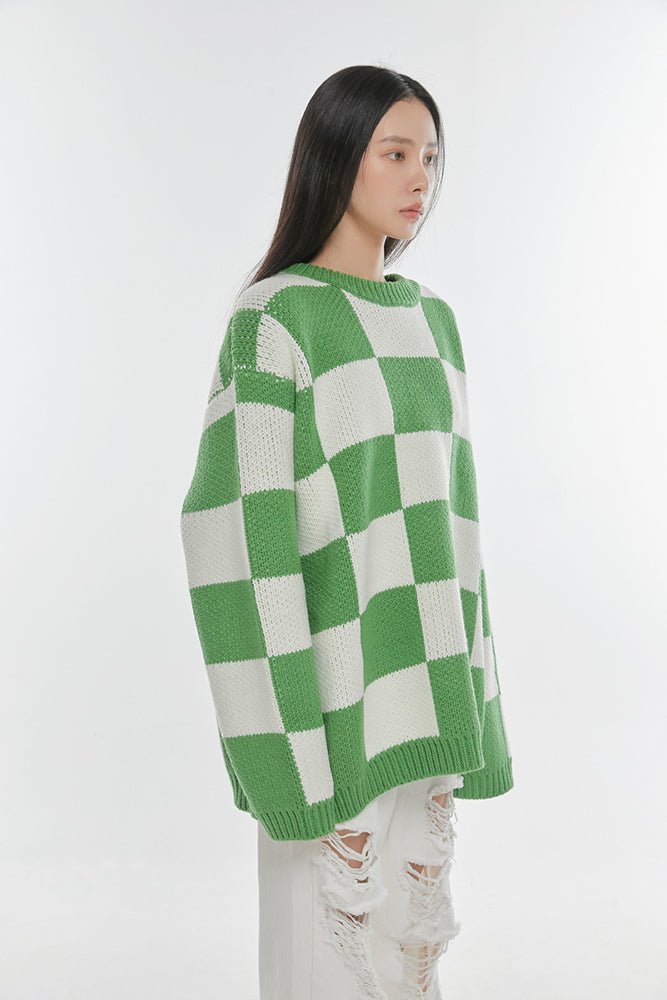 Loose Color Block Plaid Round Neck Knitted Sweater