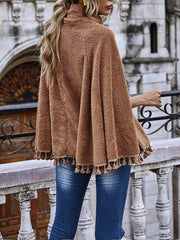 Women Solid Color High Neck Fringed Long Sleeve Coat