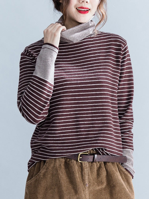 Women Striped Turtleneck Bottoming Shirt