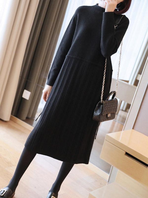 Plain Elasticity Pleated Knit Midi Dress