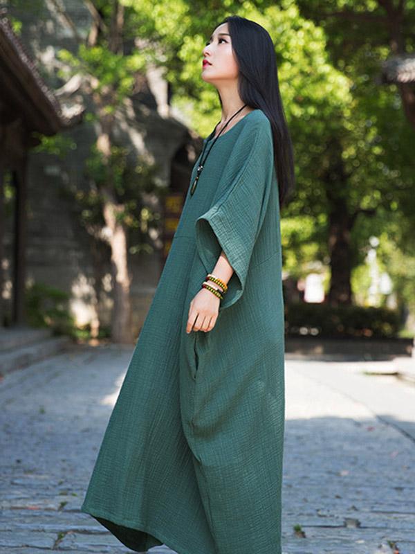 Loose Solid Batwing Sleeves Round-Neck Midi Dress
