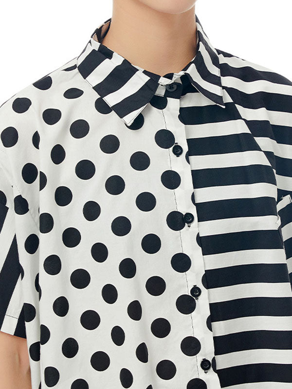 Irregular Clipping Roomy Polka-Dot Split-Joint Striped Lapel Shirts Tops