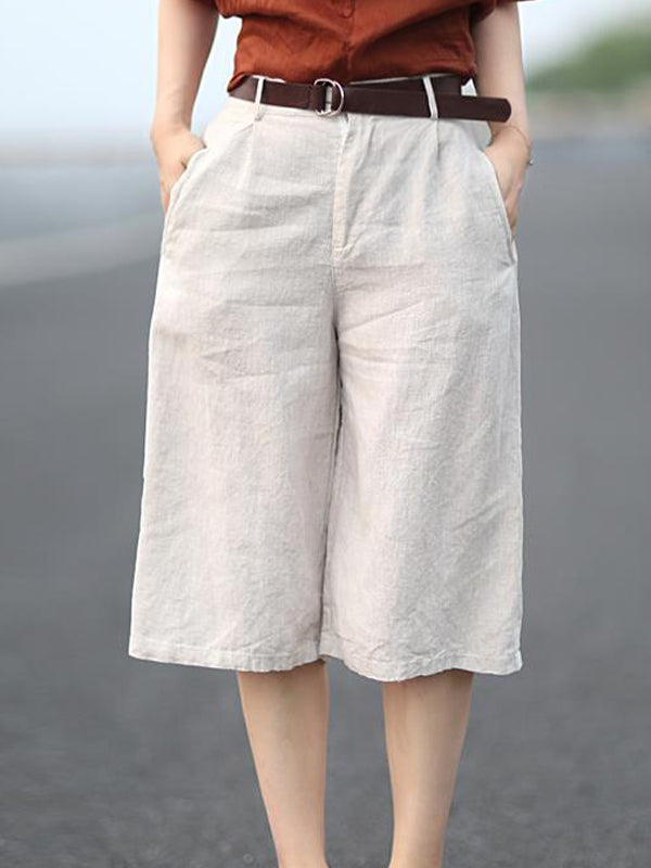 Solid Casual Flax Wide Leg Shorts