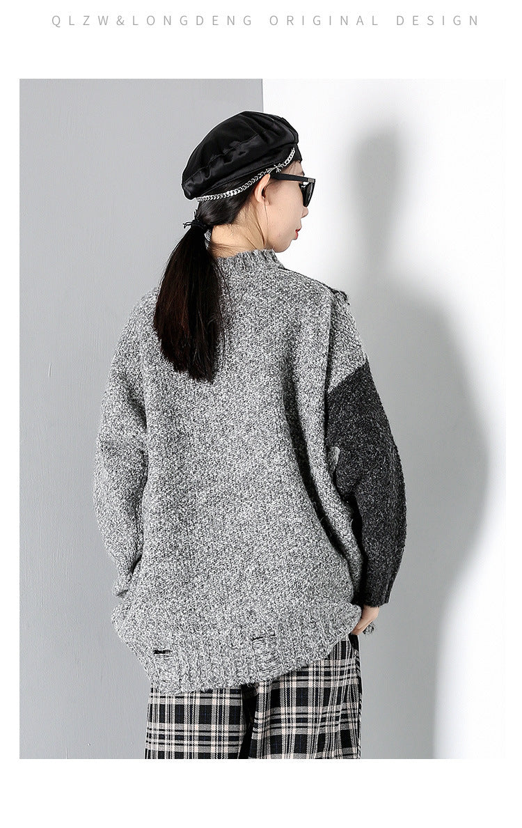 Women Round Neck Pullover Contrast Sweater