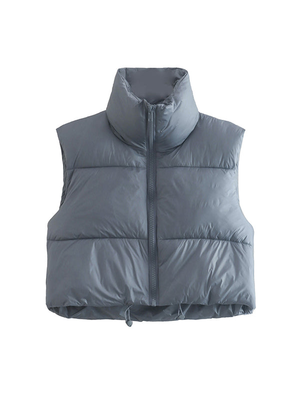 Skinny Sleeveless Solid Color Zipper Stand Collar Padded Vest Vest Top