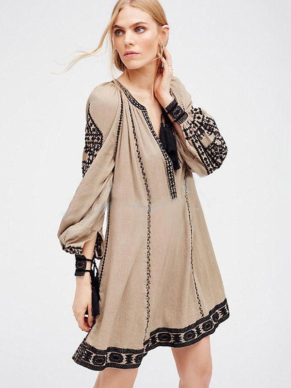 Ethnic-style Embroidery Tassels V-neck Mini Dress