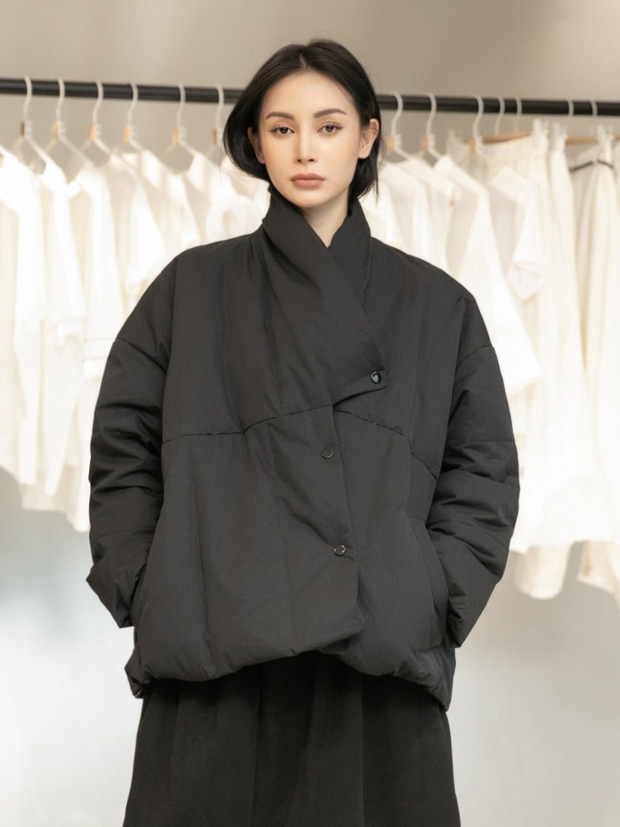 Simple Black Retro Irregular Down Jacket
