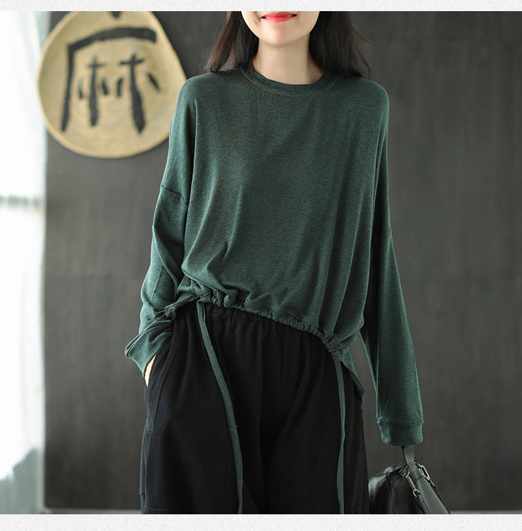 Women Retro Loose Round Neck Pullover Bottoming Shirt