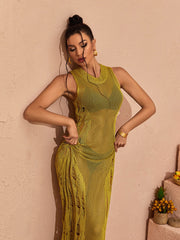 Julieta Hollow Knitted Maxi Dress In Green