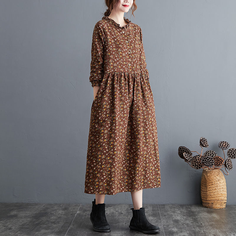 Retro Floral Wood Ear Collar Midi Dress