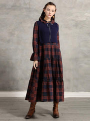 Vintage Pleated Bow Plaid Doll-Neck Midi Dress