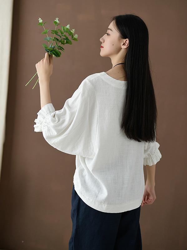 Loose Solid Round-neck Ramie T-shirt