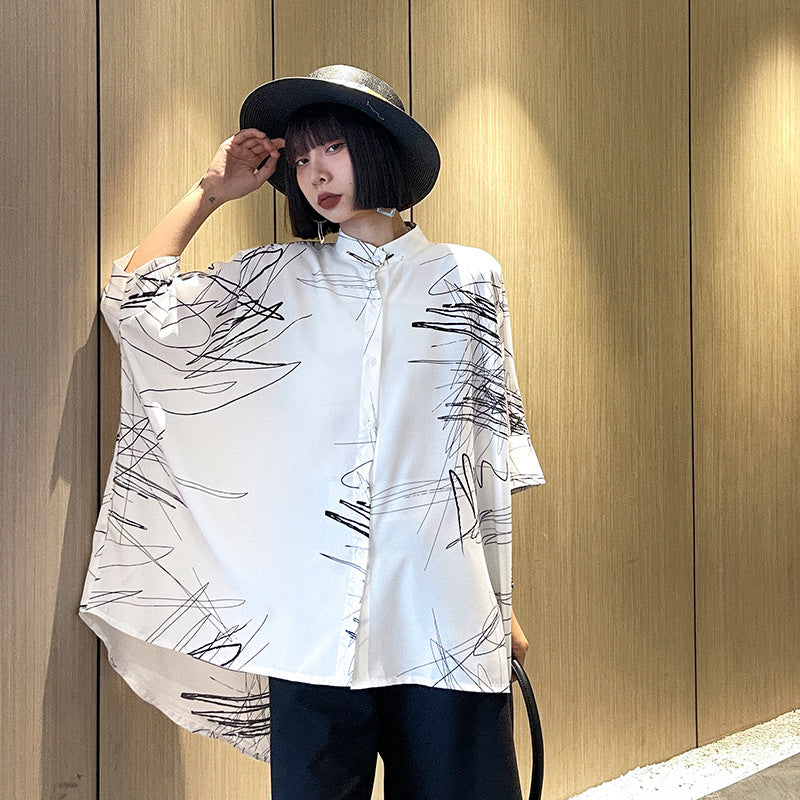 Loose Abstract Printed Irregular Stand-Collar Blouse