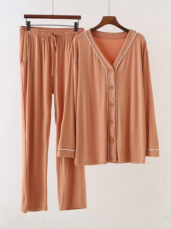 Two Pieces Solid Color Loose Comfort Tops And Pants Pajamas