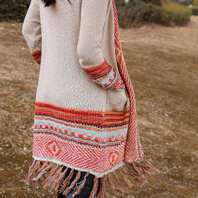 Retro Ethnic Printed Tassel Cardigan