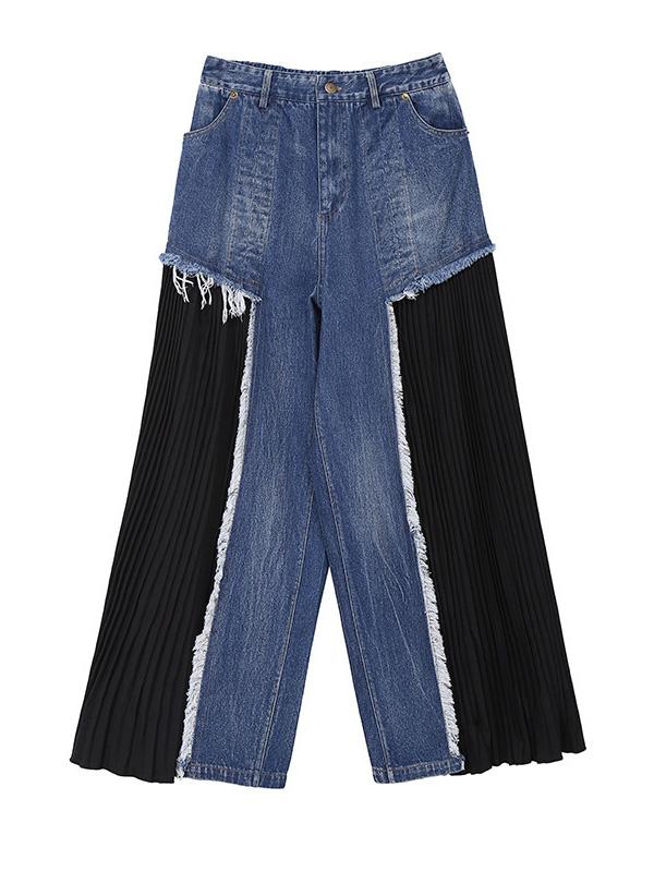 Loose Split-joint Pleated Jean Pants