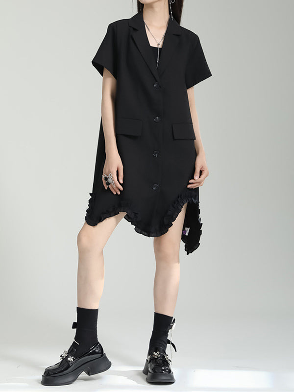 Irregular Clipping Short Sleeves Pure Color Notched Collar Mini Dresses