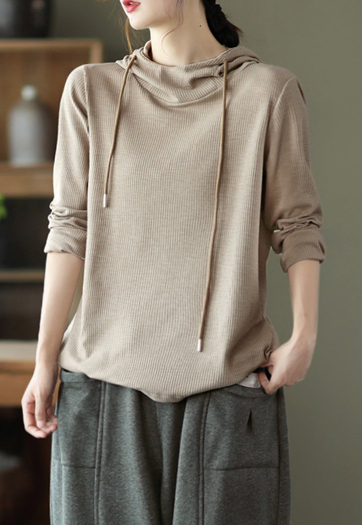 Solid Color Pit Striped Hooded Loose T-Shirt