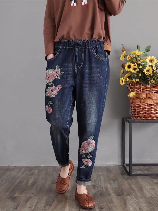 National Flower Embroidered Retro Harem Pants