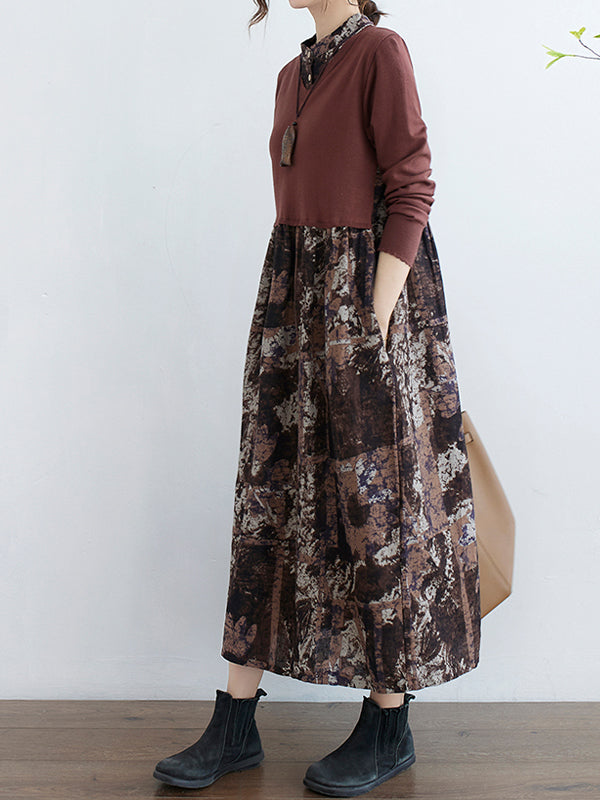 Retro Stitching Print Casual Midi Dress