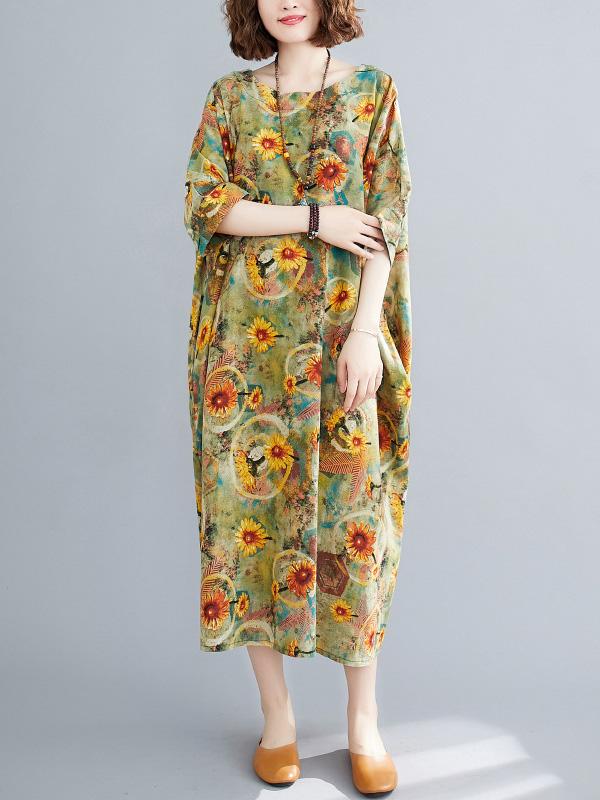 Artistic Retro Floral Round-Neck Dress